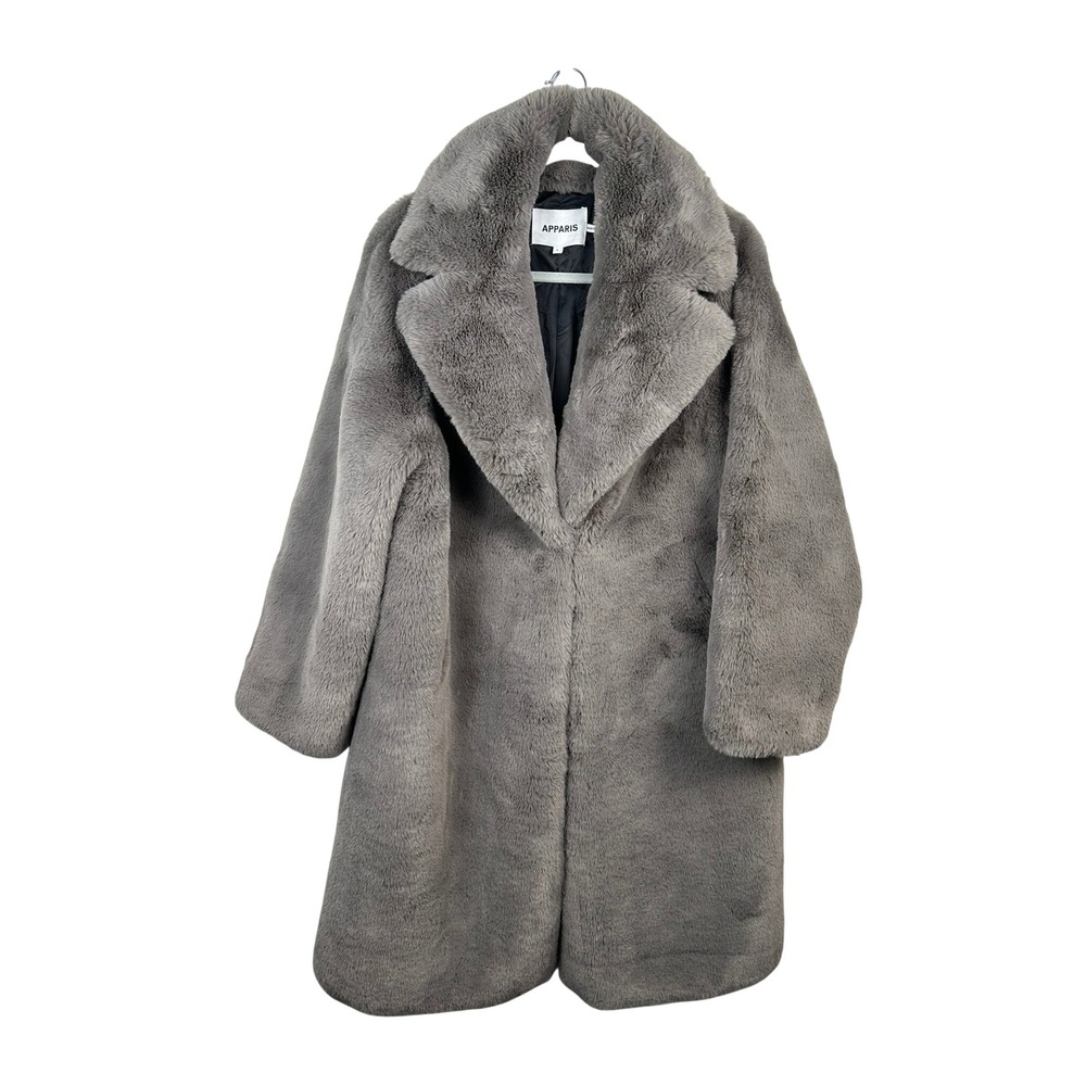 Apparis Sophie Faux Fur Coat Women L Grey Excellent Plush Oversized Notch Lapel